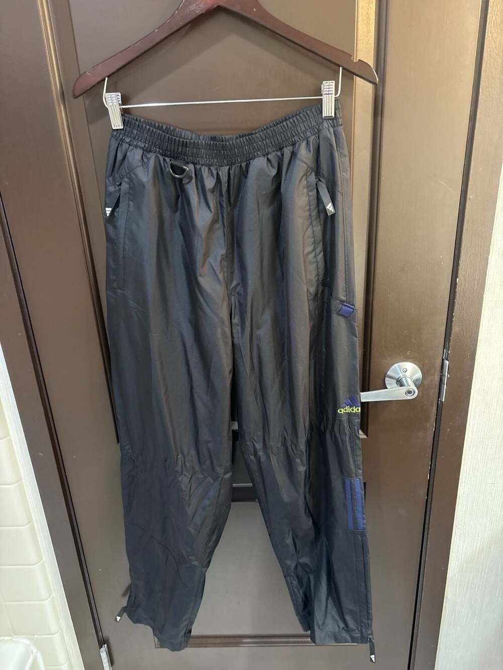 Adidas Vintage Black Windbreaker Track Pants with Purple Stripes Size M